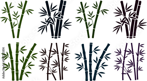 Bamboo plant icons illustration, colorful stalk variations, green black brown blue purple designs, decorative botanical art, nature and resilience concept