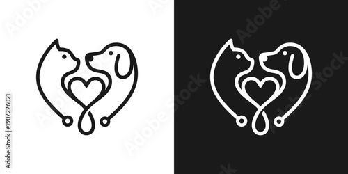PrintPet care logo design template illustration. Dog and cat logo with heart love and stethoscope design graphic vector. Symbol, icon, creative.