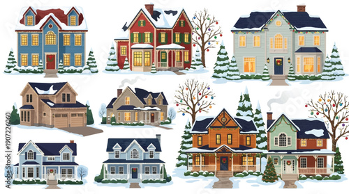 cartoon houses with snow on the roof and christmas decorations in winter