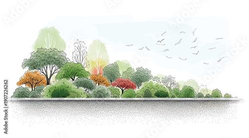 "Serene seasonal landscape with colorful trees in green, orange, red, and yellow tones, reflected on water with distant buildings and birds in sky, tranquil nature scene blending urban and natural bea