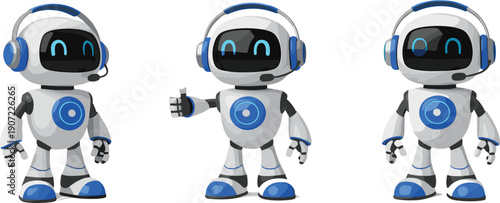 Cute friendly robot cartoon vector set featuring futuristic android characters technology mascot illustration collection