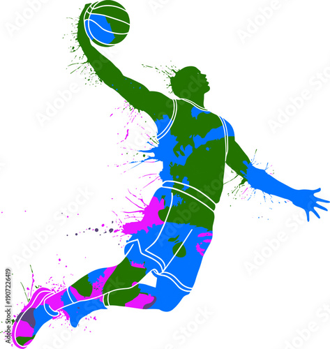 Basketball slam dunk silhouette illustration, colorful abstract player, dynamic motion pose, vibrant sports art, athletic action concept, modern basketball design