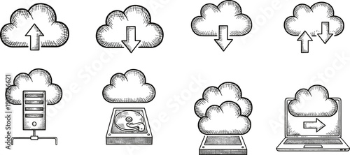 Cloud computing icons illustration, data upload, data download, synchronization arrows, cloud server hosting, cloud storage backup, laptop access, digital technology concept