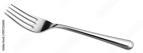 A shiny, angled, metallic fork against a white background. It has four tines