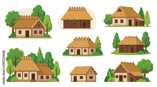 cartoon houses with trees and greenery around them on white background
