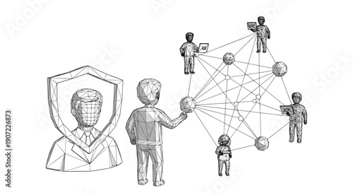 A low-poly figure organizes a decentralized network of people, illustrating concepts of blockchain, connectivity, and digital security represented by a person inside a shield.