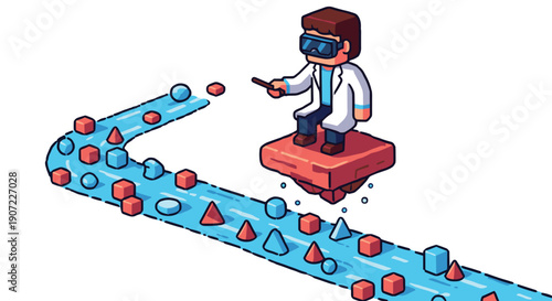 A pixel art scientist in VR goggles magically sorts shapes in a data stream, representing data analysis, machine learning, organization, and technological innovation in research.