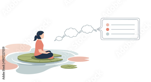 A woman practices mindfulness on a lily pad, translating her clear thoughts from thought bubbles into an organized checklist, representing mental clarity and effective planning.