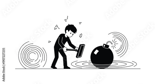 A minimalistic line art illustration of a person about to hit a lit bomb with a sledgehammer, symbolizing high-risk decisions, imminent danger, and disastrous choices.