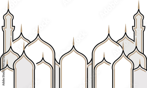 A minimalist vector illustration of a mosque skyline border with domes and minarets