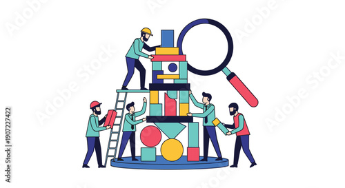 A team of builders constructs a tower of colorful blocks under the scrutiny of a giant magnifying glass, representing project analysis, quality control, and detailed teamwork.