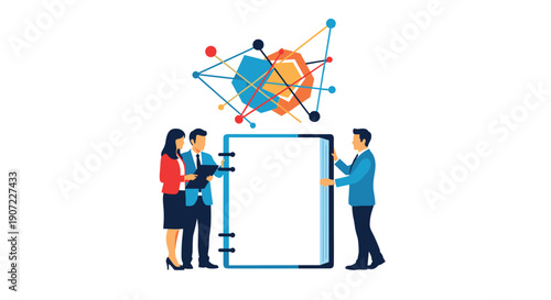 A professional team presents a large blank notebook, ready for planning, with a complex data network floating above, symbolizing strategy development and a new project kickoff.