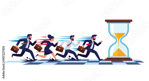 A diverse group of business professionals with briefcases frantically races against a giant hourglass, symbolizing the high-stakes pressure of deadlines and corporate competition.