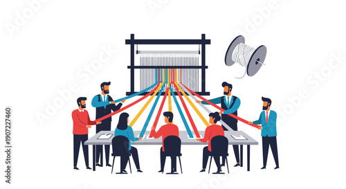 A diverse business team collaborates around a meeting table, weaving individual colored threads into a single fabric on a loom, representing synergy, integration, and teamwork.