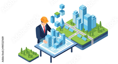 An architect designs a futuristic, sustainable smart city with green spaces and solar panels, transforming a natural landscape into an eco-friendly urban development project.