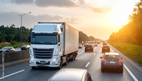 Wallpaper Mural Truck on Highway at Sunset - Transportation and Logistics. Torontodigital.ca