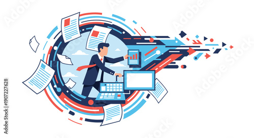 A dynamic businessman multitasks at high speed, running through a vortex of digital information with a laptop, phone, and flying documents, symbolizing a fast-paced workflow.