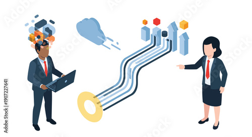 A manager oversees an employee who uses technology to transform a cloud of chaotic ideas and data into a clear, organized stream of upward-trending business results.