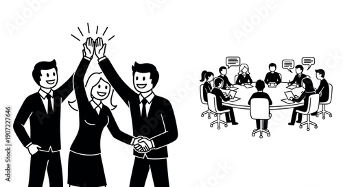 Vector illustration of business team celebrating success or partnership, with colleagues in meeting in background, for website, banner or presentation