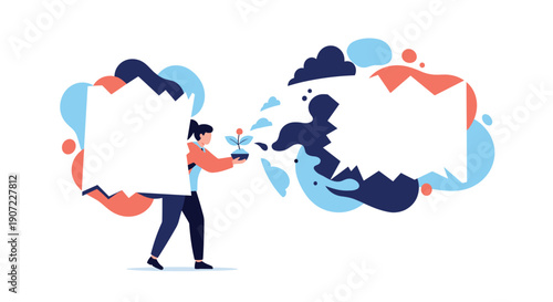 A woman holding a small growing plant stands between a chaotic, dark space and a calm, clean space, symbolizing bringing hope, growth, and constructive order to chaos.