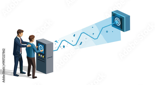 A mentor guides a younger employee on how to use a machine that transmits a signal to a target, symbolizing training, knowledge transfer, and achieving goals with precision.