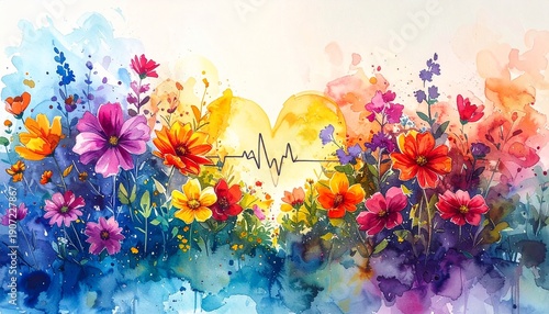 Wallpaper Mural Vibrant Floral Symphony - A Watercolor Expression of Lifes Rhythm. Torontodigital.ca