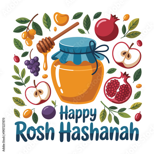 A colorful illustration of a honey jar surrounded by fruits and leaves with the text Happy Rosh Hashanah for the Jewish New Year.