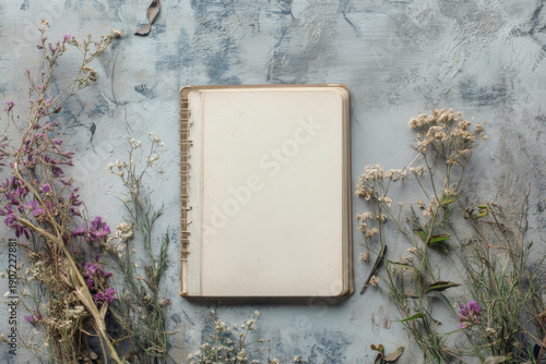 Open Notepad Surrounded by Dried Flowers on Rustic Background