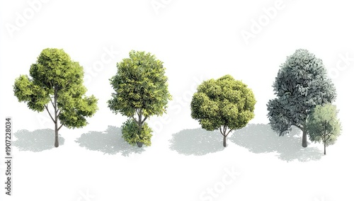 Digital renderings of four diverse trees casting shadows on a stark white background