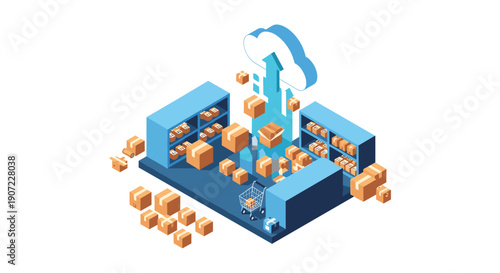 An isometric warehouse full of packages uses cloud technology to manage inventory and streamline the e-commerce shipping and logistics process for online shopping.