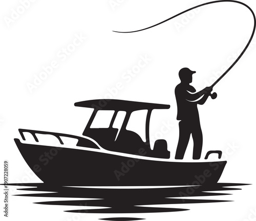 Fisherman in boat silhouette, fisherman in a boat casting a line on water serene outdoors activity, Fishing man silhouette in boat with fishing rod silhouette vector illustration