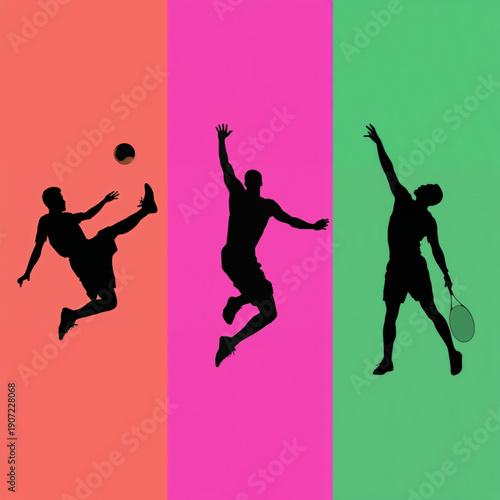Football Player Silhouette Kicking Ball with Volleyball and Cricket Athletes Set on White