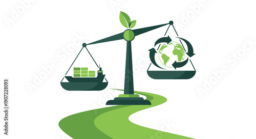 A green scale balances a cargo ship against a recycling symbol and the planet Earth, representing the importance of sustainable shipping and ethical supply chain management.