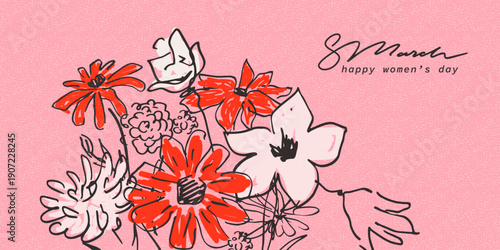 8 March greeting card with red, white, pink flowers. Hand drawn, sketched spring flowers. Women's day congratulations. 8 March handwritten lettering.