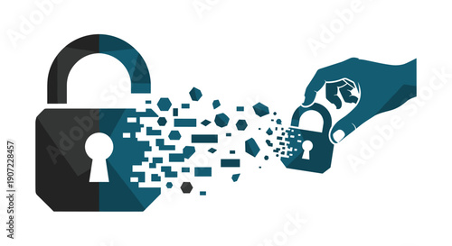 A large padlock disintegrates and transforms into a smaller, stronger lock held by a hand, symbolizing upgrading security, innovation in cybersecurity, and improved data protection.