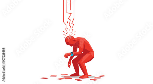 A red low-poly figure collapses in distress from a lightning strike to the brain, surrounded by broken pieces, symbolizing mental breakdown, stress, burnout, or a severe headache.
