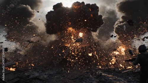 War zone explosion with smoke and debris.