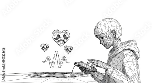 A low-poly wireframe person plays a video game with holographic sad heart icons and a heartbeat signal, representing the study of emotional responses in gaming or mental health.