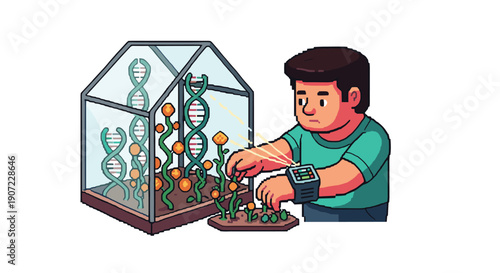 A pixel art character uses a futuristic wrist device to analyze and cultivate genetically modified plants with DNA helices growing in a greenhouse, symbolizing biotechnology.