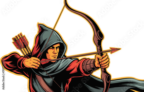 Fantasy archer illustration, hooded cloak character, bow and arrow, quiver of arrows, dynamic pose, medieval hero, stealth and precision concept