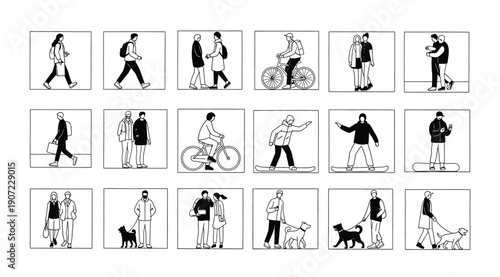 "Grid of eighteen black and white minimalist illustrations depicting people walking, cycling, scootering, dog walking, and social interactions, everyday urban activities captured in sketch style for d