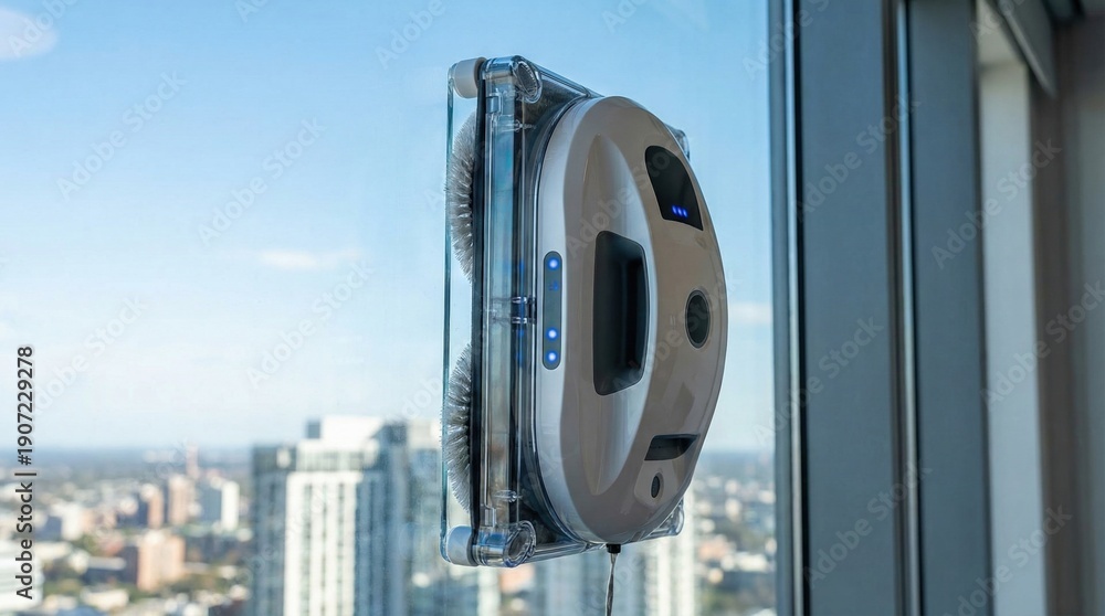 Fototapeta premium Robot myjący okna na szybie wieżowca. Oferuje nowoczesną technologię do automatycznej konserwacji domu. Idealny do promocji inteligentnych domów lub reklam usług sprzątających.