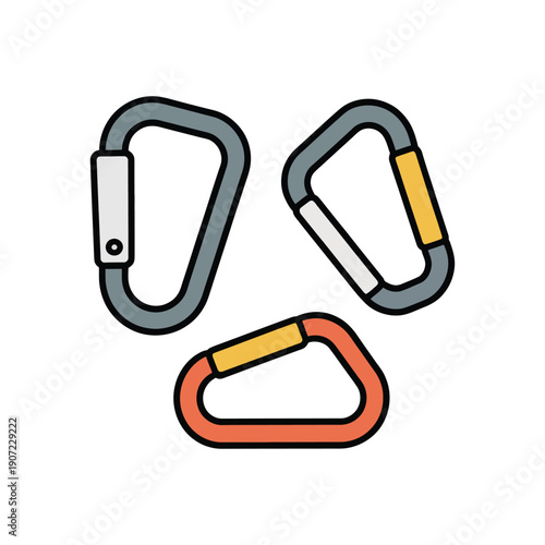 A colorful illustration of three carabiners in different colors and designs on a white background.
