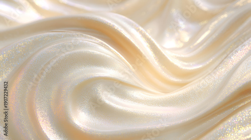 Soft iridescent liquid fabric creating flowing waves, shimmering and sparkling with a beautiful pearlescent effect, forming elegant abstract creamy textures