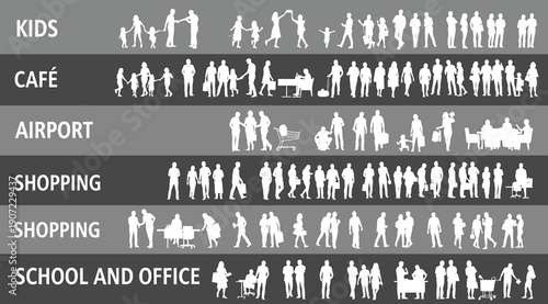 "Collection of white human silhouettes categorized by environments including kids, cafe, airport, shopping, school, and office, depicting everyday activities and social interactions for design and cre