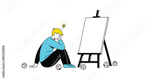 Vector illustration of a man with creative block, thinking in front of an empty easel with crumpled paper, isolated on white