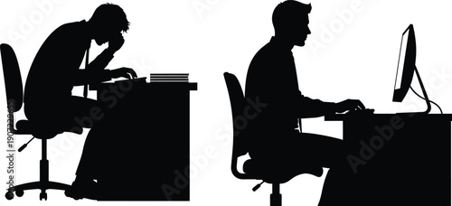 Two office workers sitting at desks in silhouette