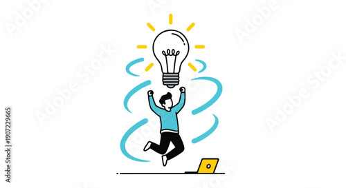 Vector illustration of a jumping man with a glowing light bulb idea above his head, creative solution concept, isolated on white
