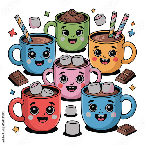 A colorful illustration of cartoon mugs with smiling faces and marshmallows, surrounded by chocolate and stars.