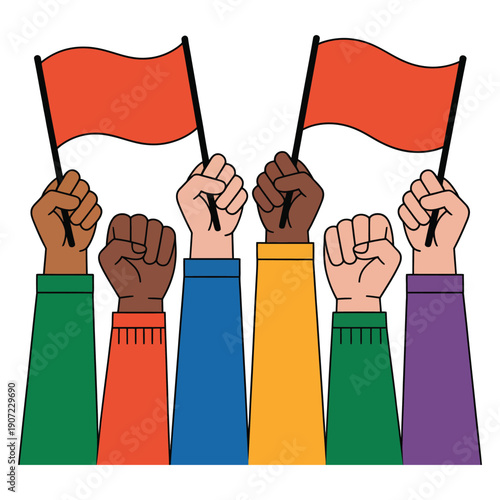 A diverse group of people showing unity and solidarity by raising their fists and holding red flags.